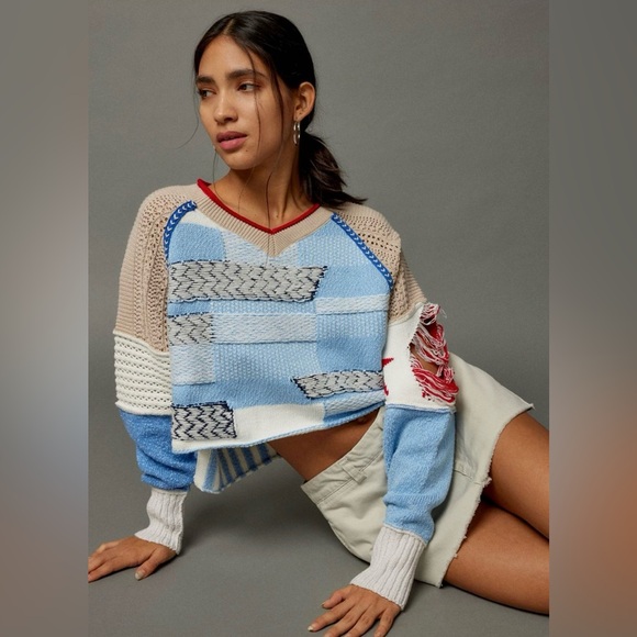 Urban outiftters BDG Johnny patchwork colorblock pullover Sweater RedWhite Blue